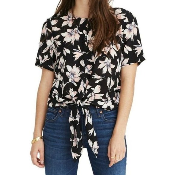 Madewell Silk Top S‎ Floral Button Back Tie Front Tee Sheer Black Pink - Picture 1 of 11